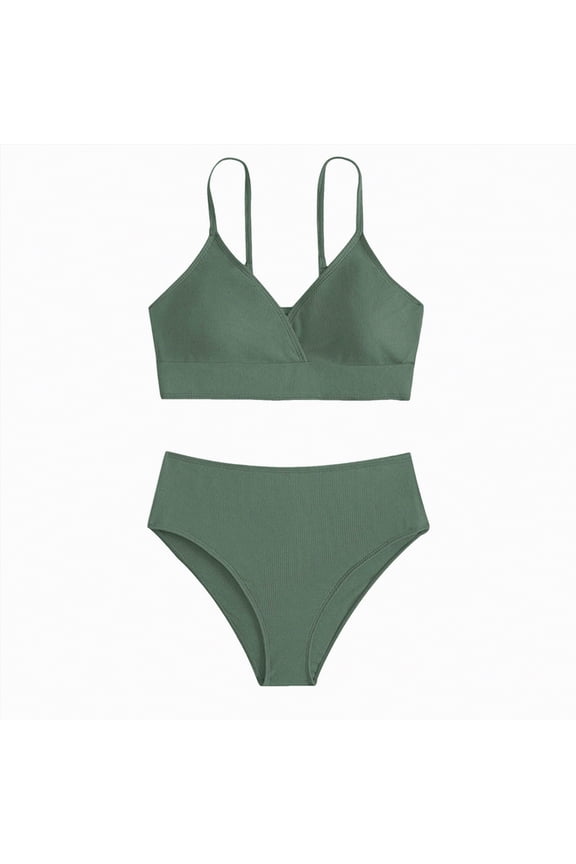 Girl's 2 Piece Swimsuit Cute V Neck Bikini Set High Waisted Bathing Suit,High Waisted(Green,160)