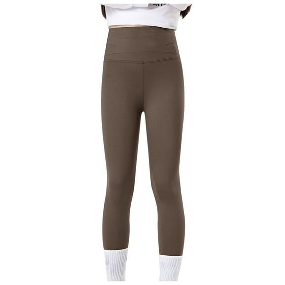 Hessimy Girl's Athletic Leggings with Pockets Youth Compression Dance Tights Yoga Pants No Front Seam(Coffee,12-14 Y)