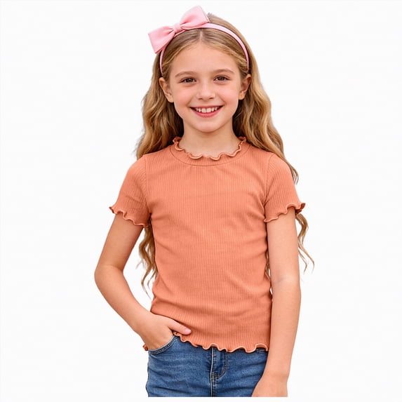 Hessimy Girl's Basic T-Shirts Set Crew Neck Short Sleeve Crop Top Summer Fitted Tees(Orange,3-4 Years)