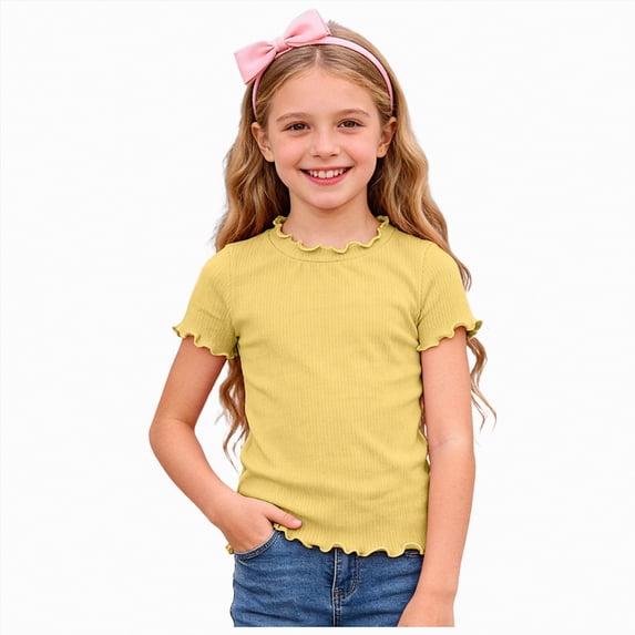 Hessimy Girl's Basic T-Shirts Set Crew Neck Short Sleeve Crop Top Summer Fitted Tees(Yellow,5-6 Years)