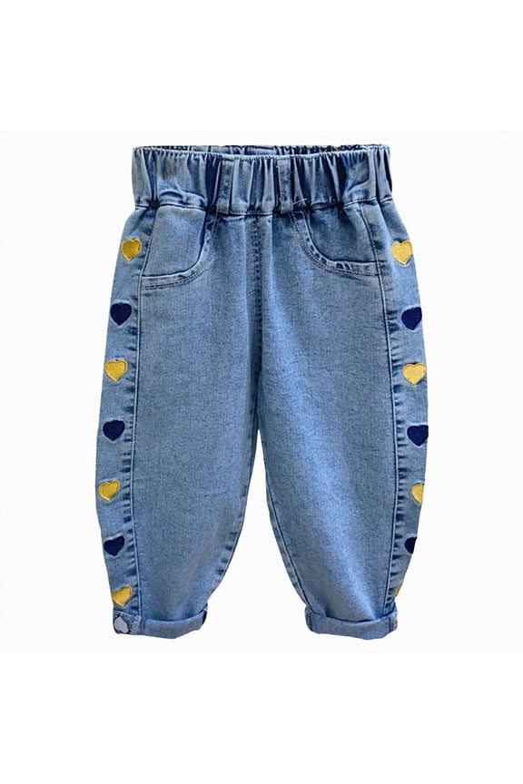 Girl's Bow Denim Jeans Baggy Elastic Waist Straight Leg Pants Butterfly Ripped Wide Leg Joggers(Yellow,3-4 Years)