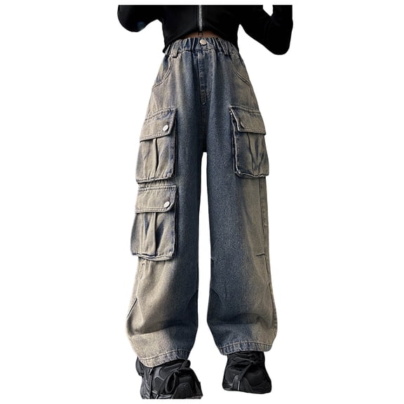 Hessimy Girl's Camo Print Cargo Jeans High Waisted Wide Leg Denim Pants(Blue,11-12 Years)