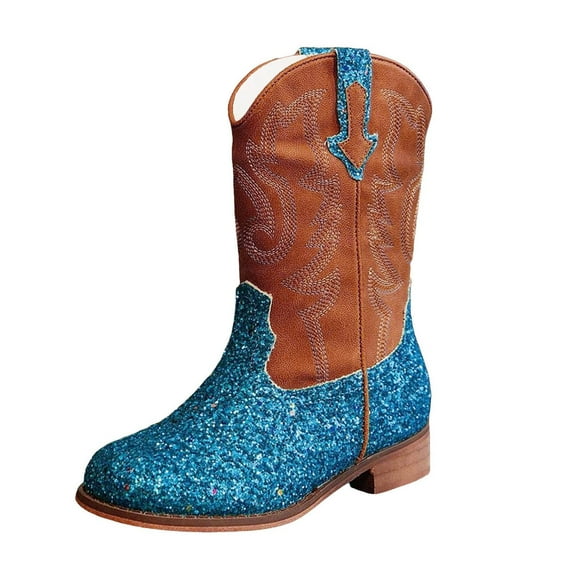 Hessimy Girl's Rhinestone Round Toe Knee High Chunky Low Heel Boot thigh high boots (Blue,1)