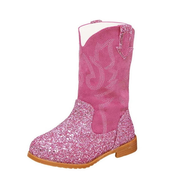 Hessimy Girl's Rhinestone Round Toe Knee High Chunky Low Heel Boot thigh high boots (Hot Pink,13)