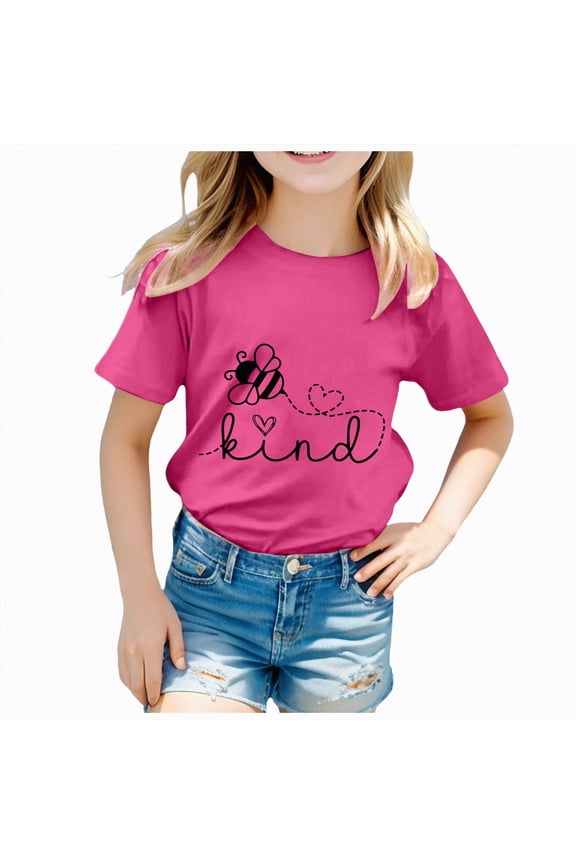 Girl's Short Sleeve Graphic Tees Crew Neck Beach Tops Casual Summer T-Shirts(D,4-5 Years)