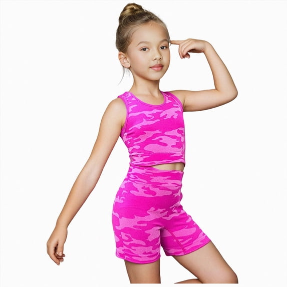 Hessimy Girls 2 Piece Athletic Outfit Kids Yoga Crop Tank Top and Biker Shorts Set Red Red