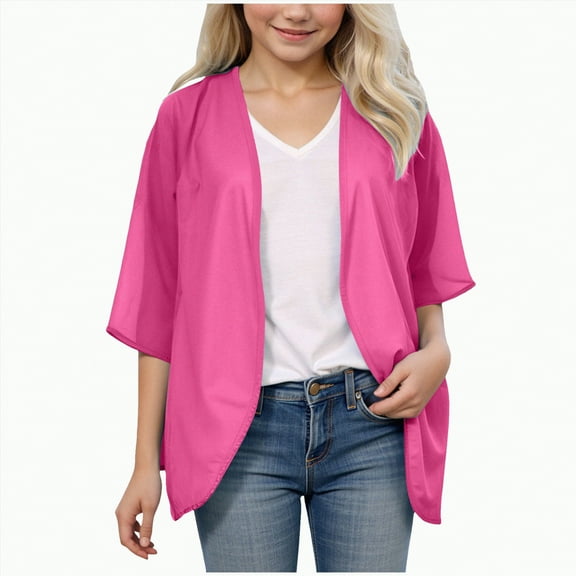 Hessimy Girls 3/4 Length Sleeve Womens Tops Summer Cardigan Casual Blouses Loose Fit Denim Jacket Fleece Jacket Jean Jacket Denim Jacket Fleece Jacket Baseball (Hot Pink,7-8 Years)