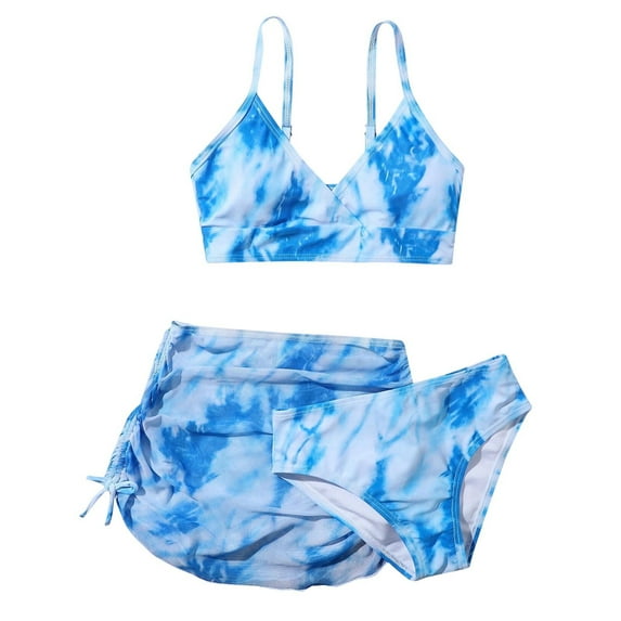 Hessimy Girls 3 Piece Swimsuit Set Floral Swimsuit Cute V Neck Bikini Set High Waisted Bathing Suit Sheer Mesh Cover Up Skirt(Z9-Blue,160/XL)