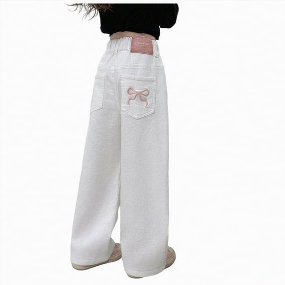 Hessimy Girls' Active Embroidered Wide-Leg Streetwear Loose Waistband Jeans Little Girl Toddler Girl Cargo Pants Big Kids Pants Street Dance Sports Pants (White,7-8 Years)