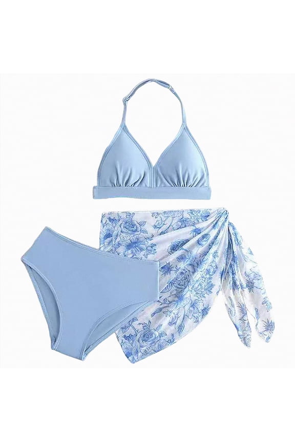 Girls Bikini Set 2 Piece Swimsuit - Beach Sports Bathing Suit Scoop Neck Adjustable Straps Kids Teen(Blue,7-8 Years)