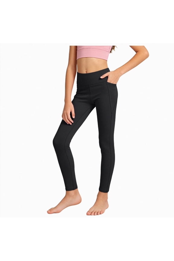 Girls' Black Athletic Leggings with Pockets, White Ankle Length Yoga Pants for Girls Black 5-6 Years