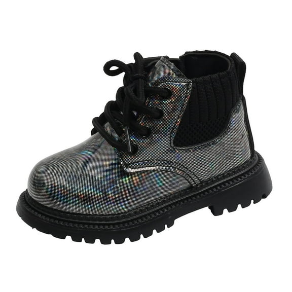 Hessimy Girls Boys Boots, Lace Up Duck Leather Fashion Boots Back to School High Top Shoes Gift Toddler to Little Kid(Black,30)