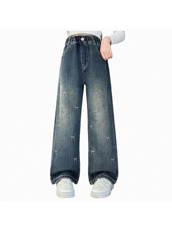 Girls Cargo Pants Size 10-12 High Waist Parachute Pants Casual Straight Streetwear Heart Embroidered Denim Pants Teen Girl Trendy Clothes Workwear Pants (Blue,10-11 Years)