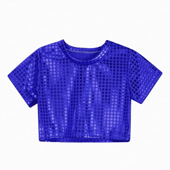 Hessimy Girls Crop Tops Summer Short Sleeve Round Neck T Shirts Basic Tee for Kids,Round Neck(Blue,5-6 Years)