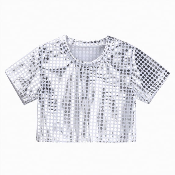 Hessimy Girls Crop Tops Summer Short Sleeve Round Neck T Shirts Basic Tee for Kids,Round Neck(Silver,4-5 Years)