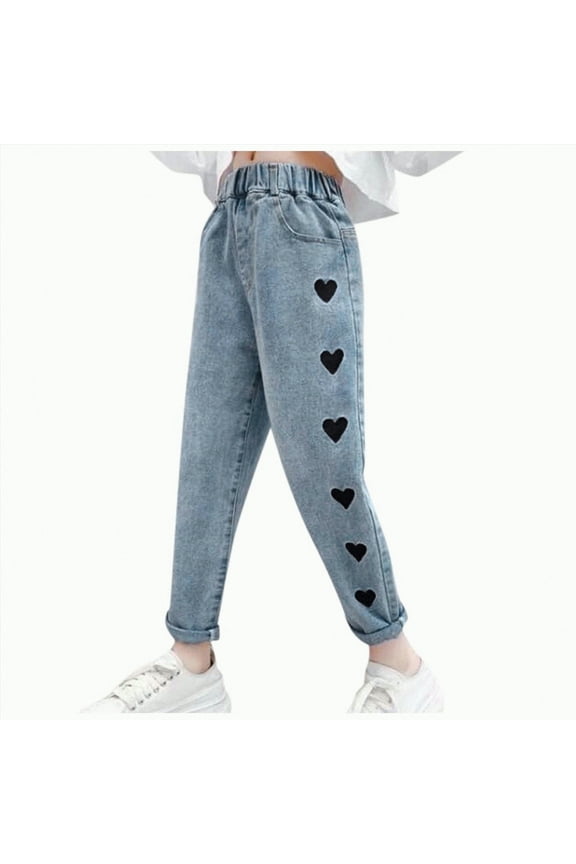 Girls Cropped Jeans Size 12-14 Outdoor Pants Jogger Basic Denim Pants Tapered Heart Printed Pants Teen Girl Clothes Home Pants (Dark Blue,3-4 Years)
