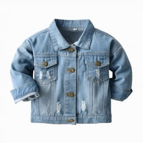 Hessimy Girls Denim Jacket Ripped Flap Pocket Button Front Long Sleeve Collared Jean Trucker Jackets For Toddler Kids Bed Jacket Baby Jacket Girls Jacket Baseball Jersey (Blue,12-18 Months)