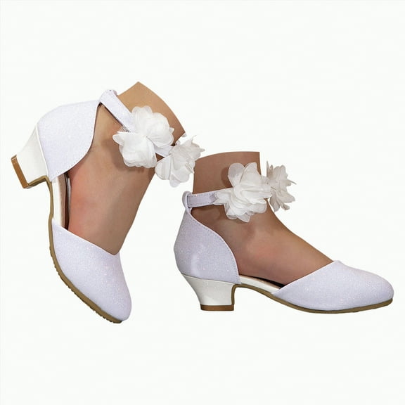 Hessimy Girls Dress Shoes Mary Jane Princess Elastic Strap Glitter Party Flats Low Heels Glitter Flower Party Wedding Footwear sandals school (Beige,3)