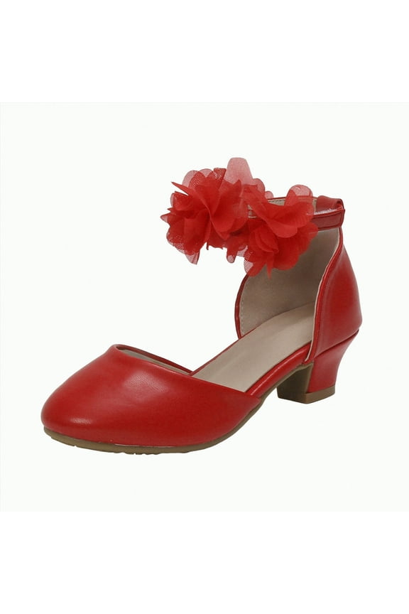 Girls Dress Shoes Mary Jane Princess Elastic Strap Glitter Party Flats Low Heels Glitter Flower Party Wedding Footwear sandals school (Red,4.5)