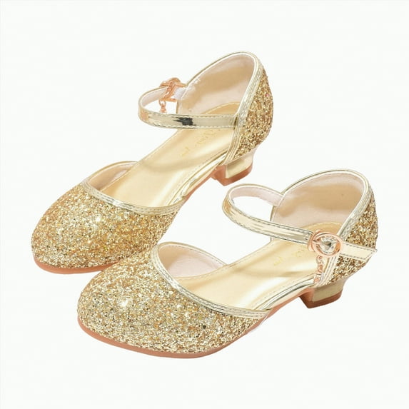 Hessimy Girls Dress Shoes Mary Jane Wedding Party Shoes Glitter Bridesmaids Princess Heels Low Heels Glitter Flower Party Wedding Footwear school Rhinestone Sequin (Gold,11)