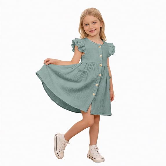 Hessimy Girls Dress, Soft Twirly Stretchy Casual Ruffle Daily Dress for Toddler/Little/Big Kid Girls Clothing(Green,5-6 Years)