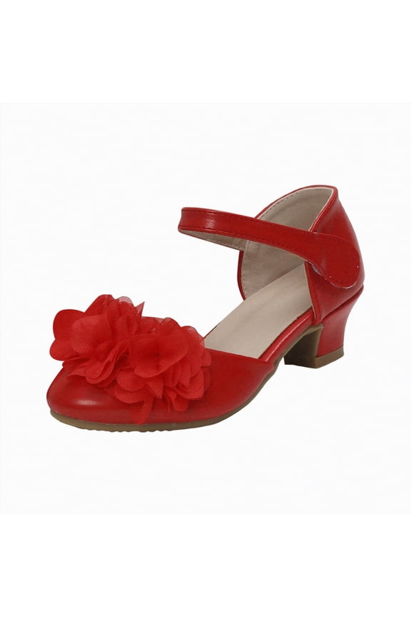 Girls Heels Dress Shoes Flats for Wedding Bow Flower Princess Shoes for Little Kid/Big Kid Low Heels Glitter Party Footwear sandals school (Red,13)