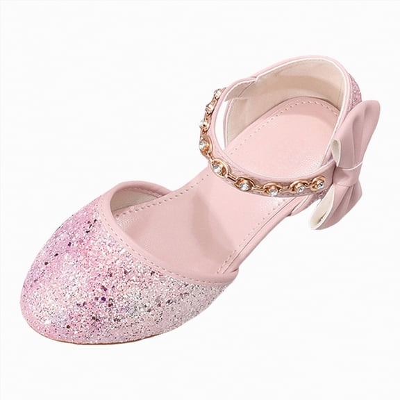 Hessimy Girls Heels Dress Shoes Flats for Wedding Bow Flower Princess Shoes for Little Kid/Big Kid Low Heels Glitter Party Wedding Footwear sandals school (Pink,1)