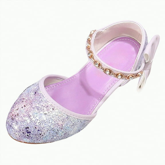 Hessimy Girls Heels Dress Shoes Flats for Wedding Bow Flower Princess Shoes for Little Kid/Big Kid Low Heels Glitter Party Wedding Footwear sandals school (Purple,13.5)