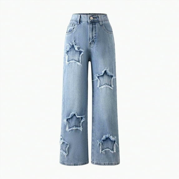 Hessimy Girls' Jeans Baggy High Waist Pants Wide Leg Pants Teen Clothing Justice Girls Clothing Cargo Pants (Light Blue,5-6 Years)
