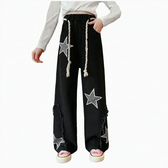 Hessimy Girls' Jeans Baggy High Waist Pants Wide Leg Pants Teen Clothing Justice Girls Clothing Little Girl Toddler Girl Cargo Pants (Black,5-6 Years)