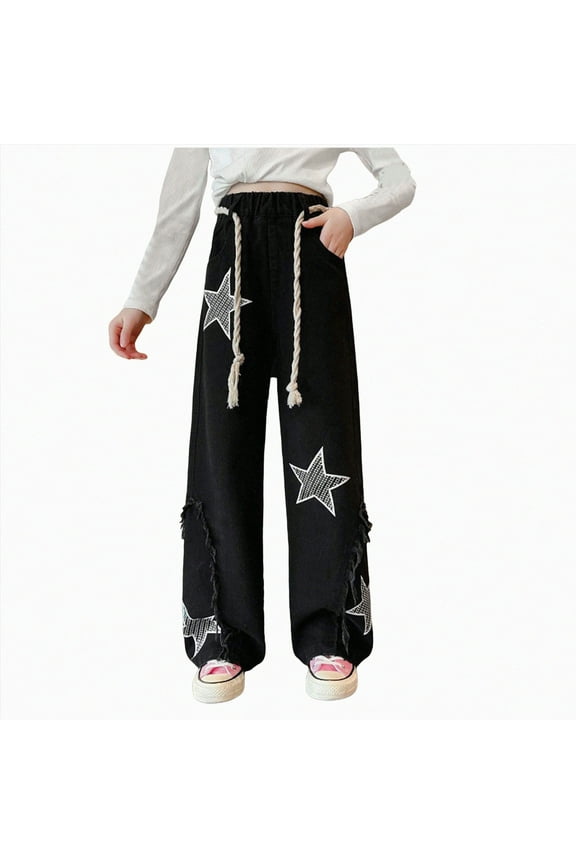 Girls' Jeans Baggy High Waist Pants Wide Leg Pants Teen Clothing Justice Girls Clothing Little Girl Toddler Girl Cargo Pants (Black,6-7 Years)