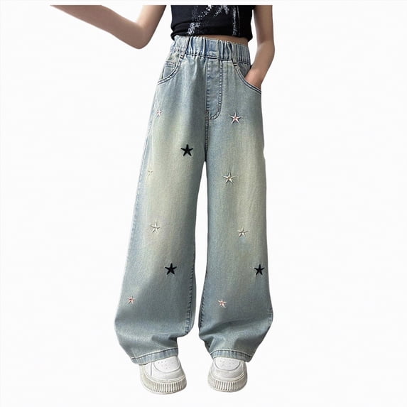 Hessimy Girls Jeans Baggy Wide Leg Cute Teen Denim Pants Junior Mid Rise Elastic Band with Pockets Casual Clothes(Light Blue,4-5 Years)