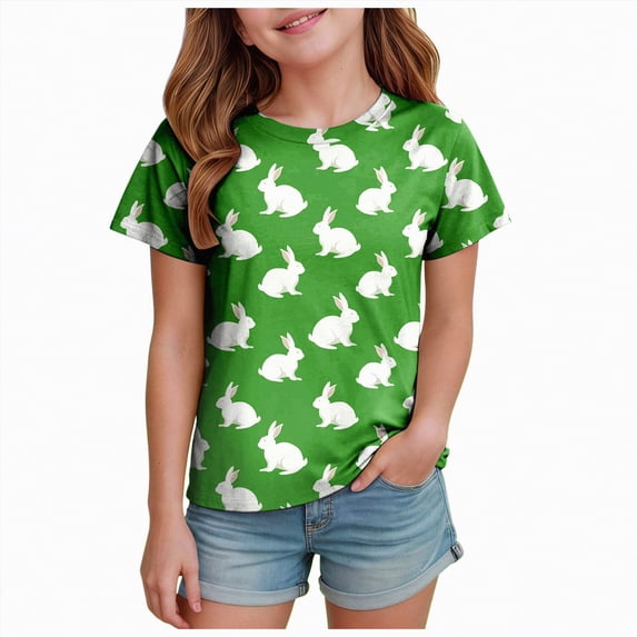 Hessimy Girls Lace Short Sleeve T Shirts Kids Summer Crewneck Tunic Tops Curved Hem(Green,4-5 Years)