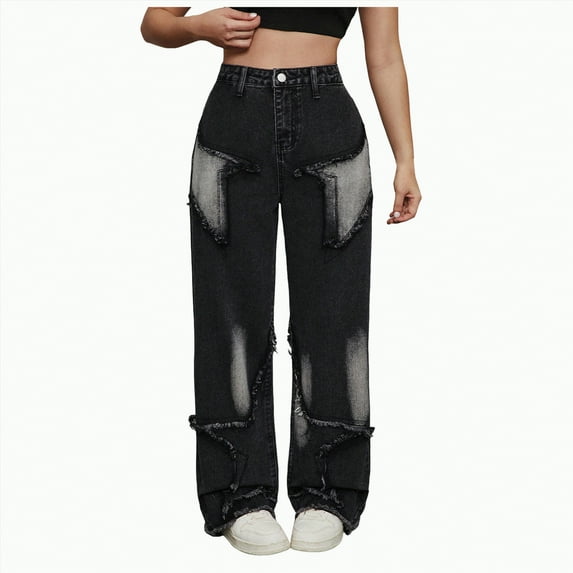 Hessimy Girls Leggings Pants Fashionable Star Patchwork Decoration Wide Leg Jeans Athletic Dance Hop Teens Girl'S Pants Autumn Winter Spring Summer (Black,13-14 Years)