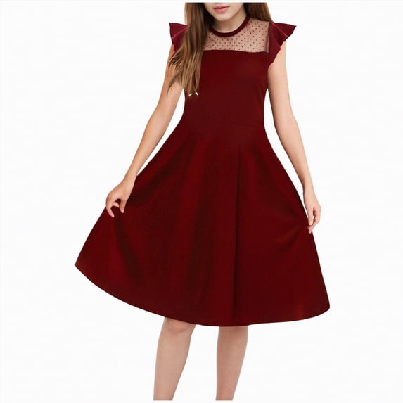 Hessimy Girls Long Sleeve Princess Party Bow Tie Tulle Skirt Holiday Birthday Wedding Outfit,special occasion(Red,15-16 Years)