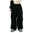 thumbnail image 1 of Hessimy Girls Loose Casual Pants Cargo Pants Waist Wide Leg Pants Kids Years(Black,3-4 Years), 1 of 8