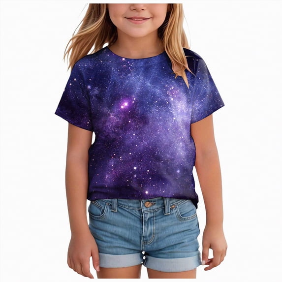 Hessimy Girls Short Sleeve T Shirts Kids Summer Oversized Tops Casual Crewneck Basic Tees,Relaxed Fit(Blue,3-4 Years)