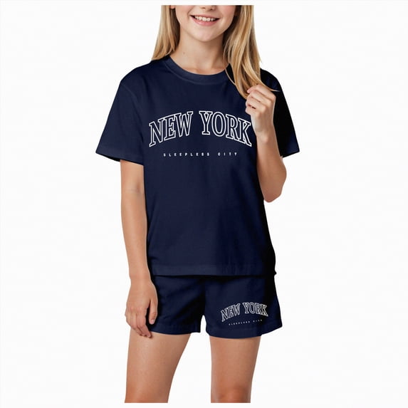 Hessimy Toddler Girl Cotton Summer Short Sleeve T-Shirt and Short Set(Navy,6-7 Years)