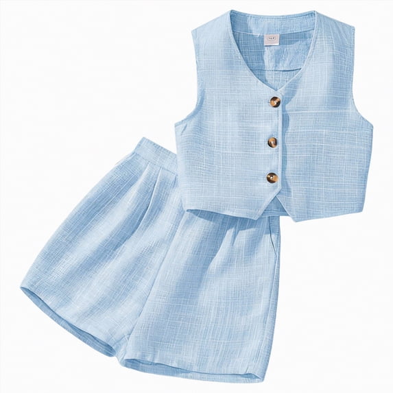 Hessimy Girls Short Sleeve Top and Shorts Snug Fit Cotton 2 Piece Pajama Set,Snug Comfort(Sky Blue,12-13 Years)