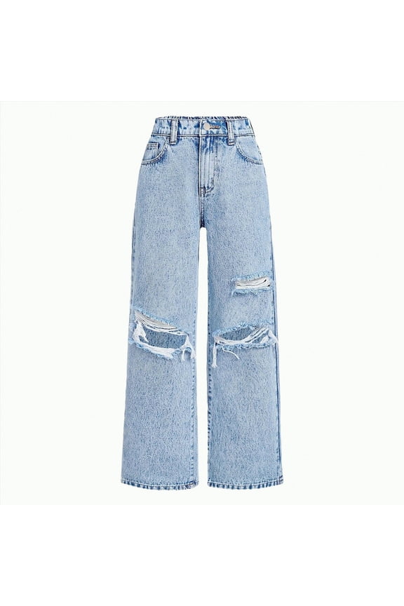 Girls Straight-Leg Ripped Holes For Kids Little Fall Flare Denim Pants Big Girls Sport Active Pant Little Girl Basic Minimalist (Light Blue,7-8 Years)