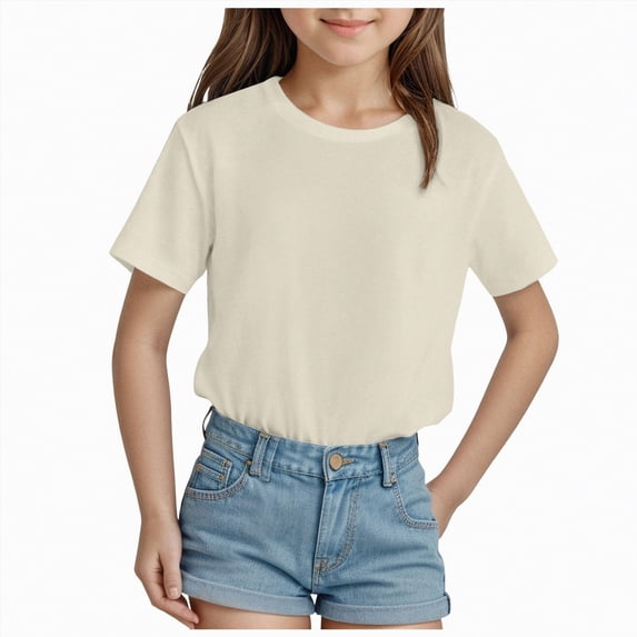 Hessimy Girls Summer Short Sleeve T Shirts Kids Basic Tees Crewneck Tops(Beige,7-8 Years)