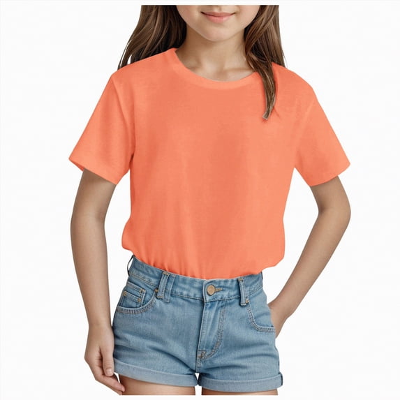 Hessimy Girls Summer Short Sleeve T Shirts Kids Basic Tees Crewneck Tops(Orange,3-4 Years)