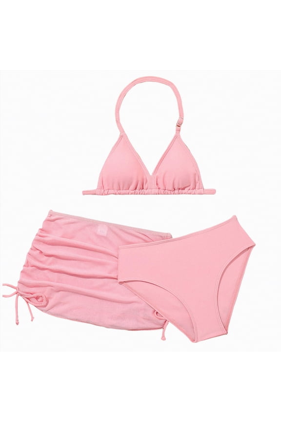 Girls Swimsuit 2 Piece Bikini Set Contrast Trim Bathing Suit Solid Color Swimwear with Adjustable Strap(Pink,4-5 Years)