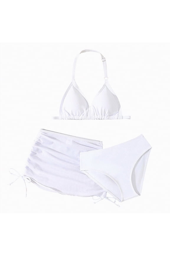 Girls Swimsuit 2 Piece Bikini Set Contrast Trim Bathing Suit Solid Color Swimwear with Adjustable Strap(White,8-9 Years)