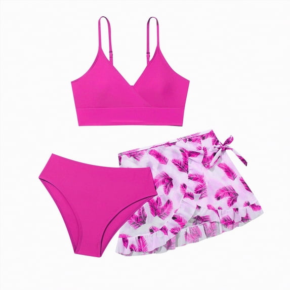 Hessimy Girls Swimsuit 2-Piece Bikini Set Two Sets Matching Bathing Suits Adjustable Strap Summer Beach,Matching Set,Beach Style,Vacation Ready(Hot Pink,14-15 Years)