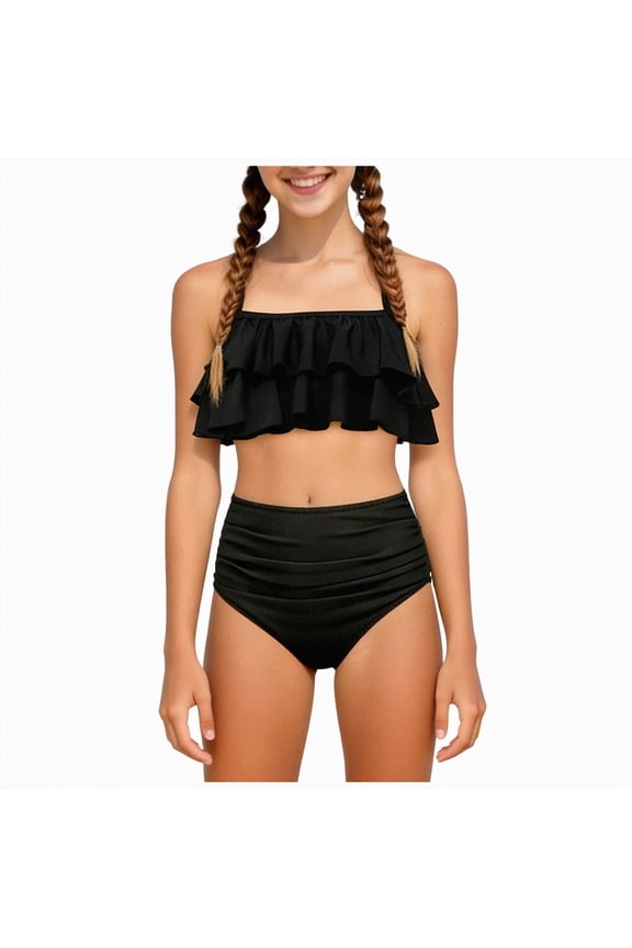 Girls Swimsuit 2 Piece Bikini Sets Cute Color Contrast Trim Bathing Suit（Black,7-8 Years)