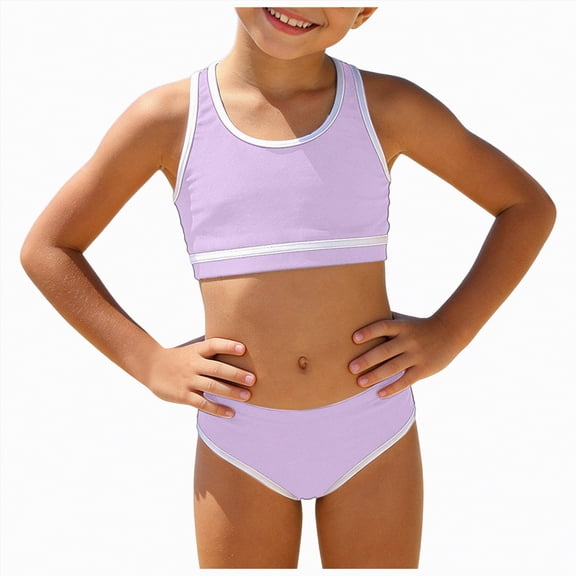 Hessimy Girls Swimsuit 2-Piece Halter Tankini Set Beach Sport Bathing Suit UPF 50  Swimwear（Purple,7-8 Years)