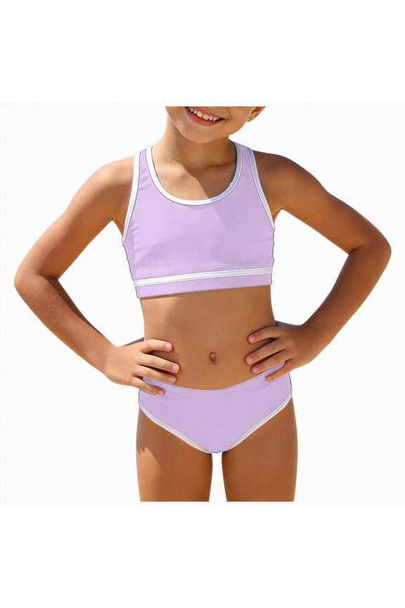 Girls Swimsuit 2-Piece Halter Tankini Set Beach Sport Bathing Suit UPF 50+ Swimwear（Purple,7-8 Years)