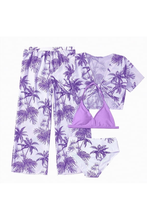 Girls Swimsuit 2 Piece Twist Cross Girls Tankini Swimsuit Color Block Ruched Bathing Suit Printed Swimwear(Purple,7-8 Years)