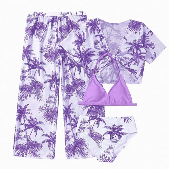 Hessimy Girls Swimsuit 2 Piece Twist Cross Girls Tankini Swimsuit Color Block Ruched Bathing Suit Printed Swimwear(Purple,8-9 Years)